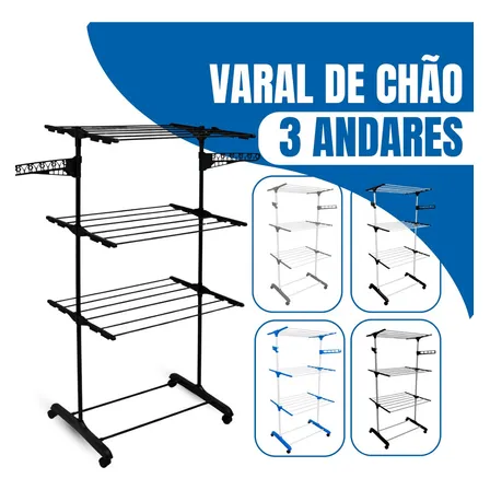 Varal De Chão Varal De Roupas 3 Andares Dobrável Grande C/ 4 Rodas Cor Preto/preto