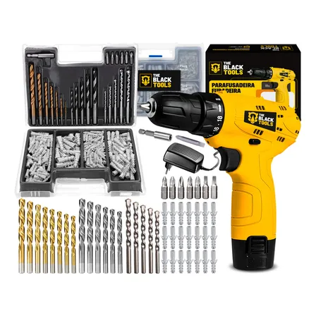 Parafusadeira Furadeira 3/8 A Bateria Tb12a The Black Tools Jogo Brocas E Buchas 300 Peças Amarelo 127/220v 60hz