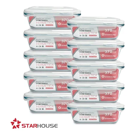 Kit 10 Potes Vidro 370ml Hermético Marmita Forno Refratário Star House