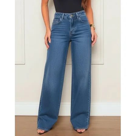 Calça Jeans Feminina Wide Leg Reta Cintura Alta
