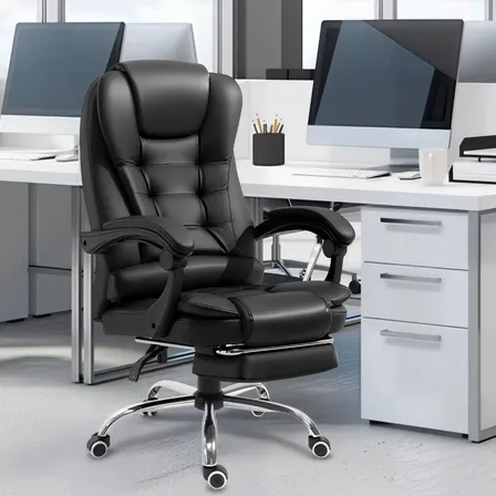 Cadeira Escritório Presidente Ergonômica Apoio Pés Giratória Preto Couro