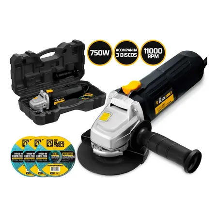 Esmerilhadeira lixadeira angular 750w 4.1/2 pol 115mm 11000rpm com maleta e discos bta780d The Black Tools