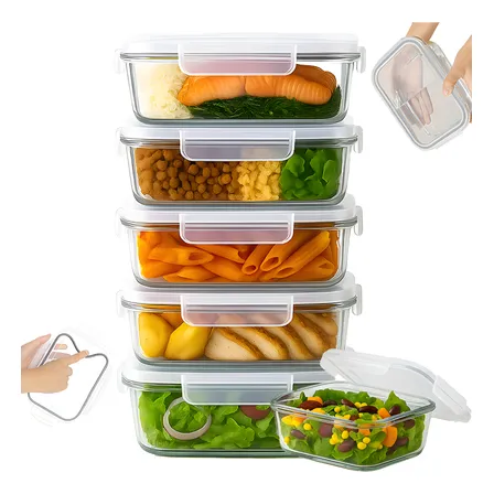 Yab - Kit 5 Potes De Vidro Marmita C/ Tampa Hermético 640ml Retangular 4 Travas Borossilicato Alimentos Micro-ondas Freezer Geladeira