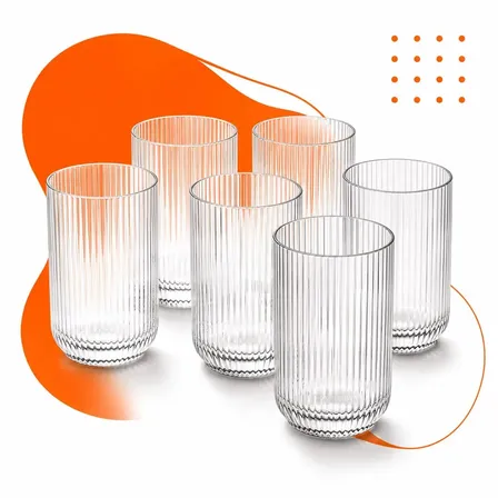 Jogo 6 Copos Vidro Canelado 423ml Moderno Elegante Premium Vinho Água Suco Drinks Gin Whisky Jogo Copos Taça Copo Conjunto Design Luxo Texturizado Cozinha Restaurante Decoração Hold On