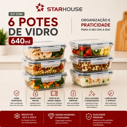 Kit 6 Potes 640ml Vidro Hermético 4 Travas Marmita Refratario Star House com 4 travas de super vedação
