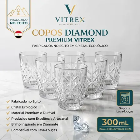 Jogo 6 Copos Diamond Egipcio 300ml Vidro Grosso Diamante Luxo Transparente Vitrex