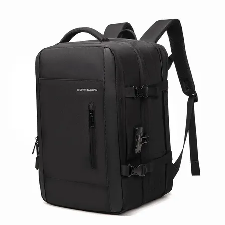 Mochila para computador masculina, com fecho de senha, capacidade expansível de 25-40L, impermeável, reforçada, com espaço para notebook e porta USB, ideal para viagens e deslocamentos diários.