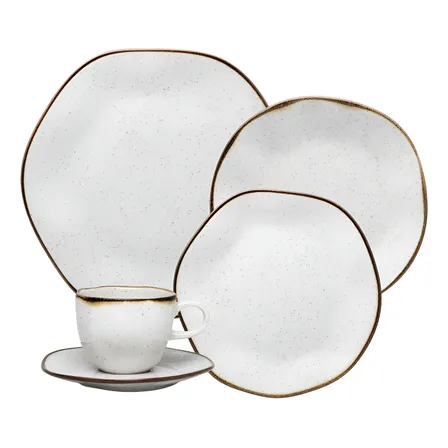 Aparelho De Jantar 30 Peças Ryo Maresia Oxford Porcelana Off White e Marrom